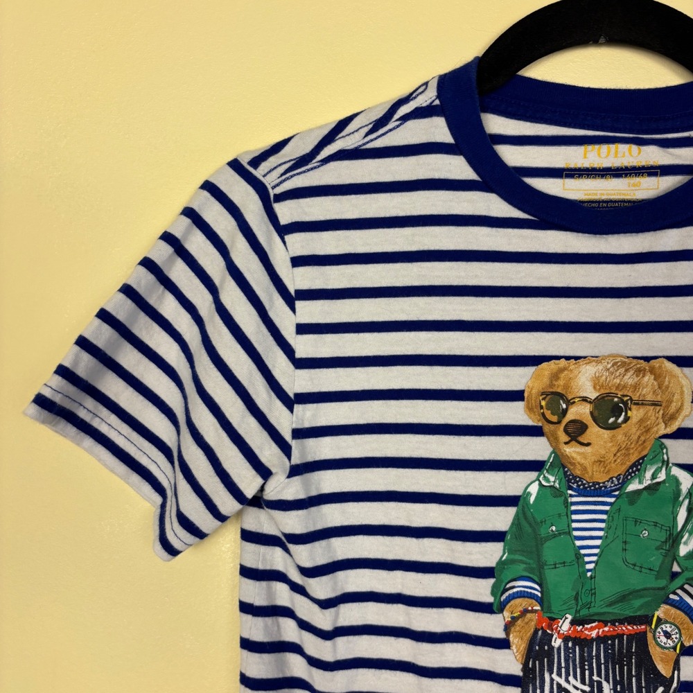 POLO RALPH LAUREN Bear Striped 100% Cotton Tee Blue/White Kids Size Small Casual - Picture 5 of 8